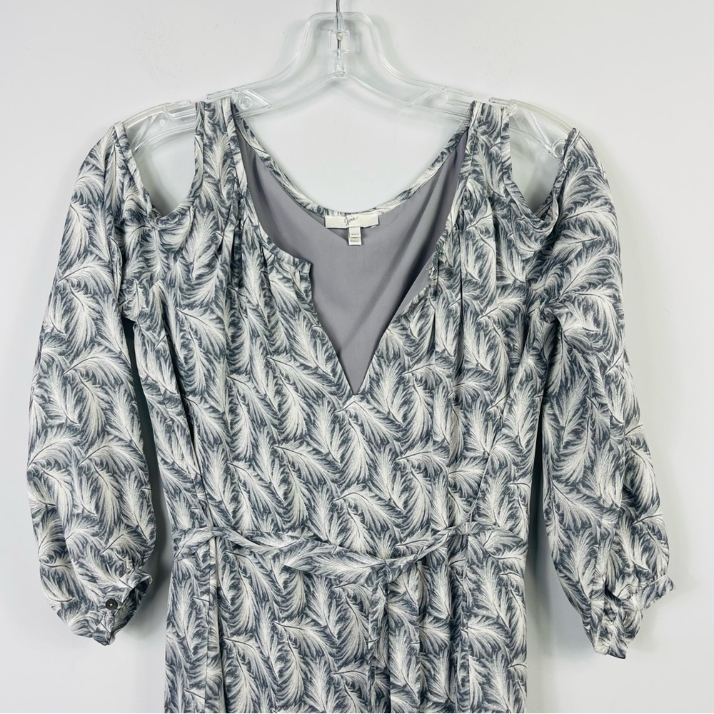 Joie Isaline Feather Cold Shoulder Mini Dress Gray White Print Silk Tie Belt XXS - Picture 8 of 16